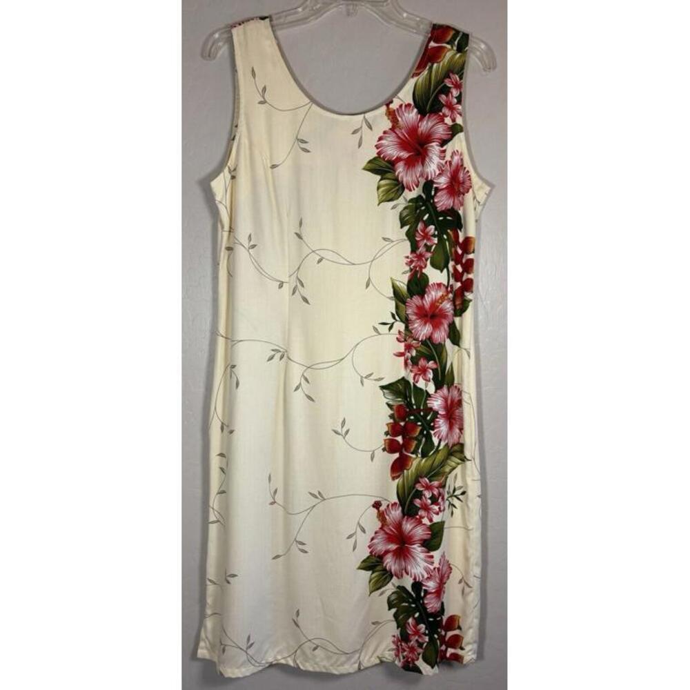 Jade Fashions Hawaii Tropical Hibiscus Floral Rayon Shift Dress Cream M 0358